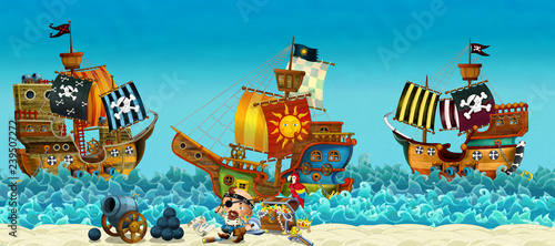 Cartoon scene of beach near the sea or ocean - pirate captain on the shore and treasure chest - pirate ships - illustration for children © honeyflavour