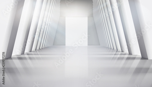 Empty hall with large windows. Interior illuminated by the rays of the sun. Vector illustration.