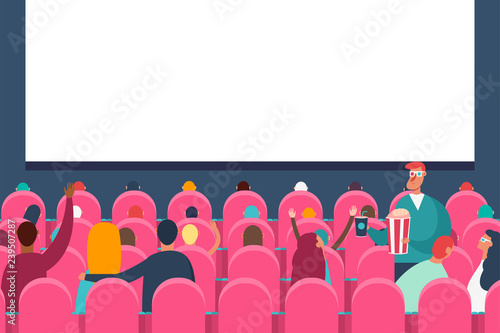 People audience watching movie in cinema theater. Vector flat cartoon illustration.
