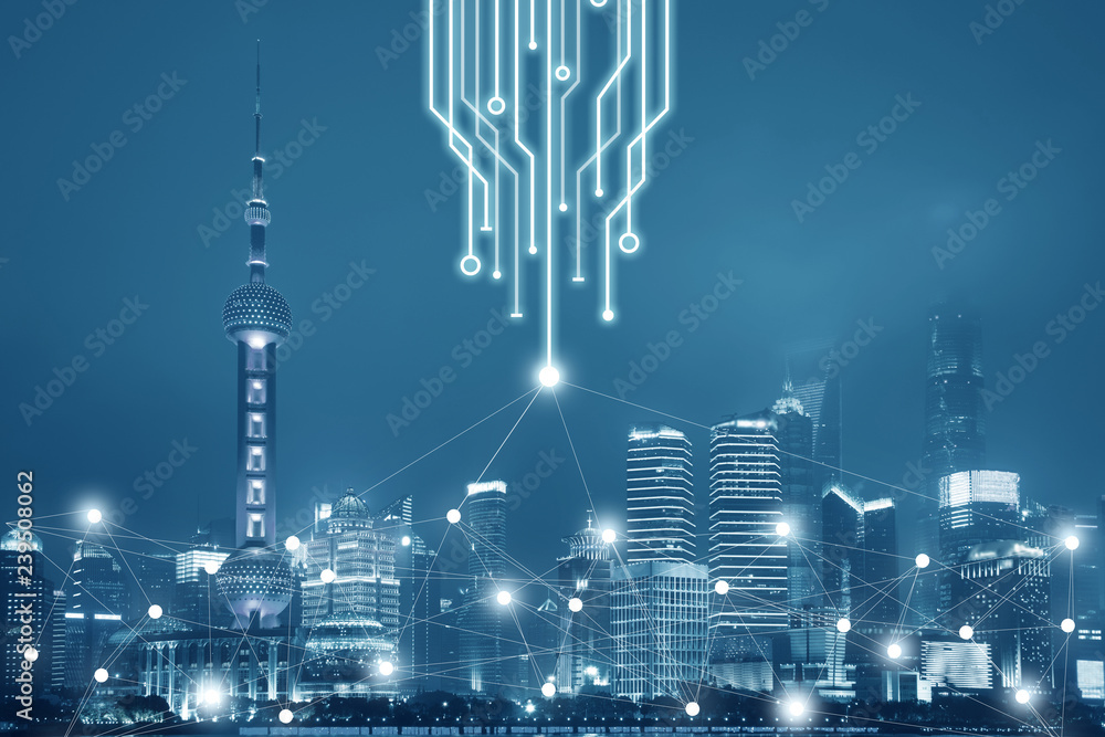 Fototapeta Technology connection in the big city network business concept. The background is Shanghai City skyline unban view at night.
