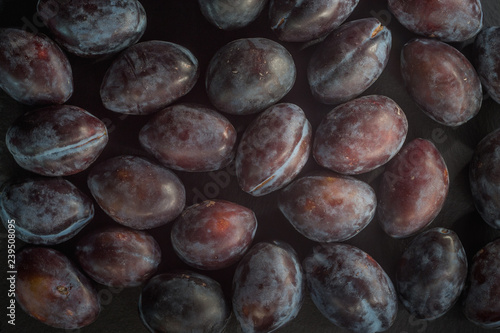 close up fresh plums on dar...