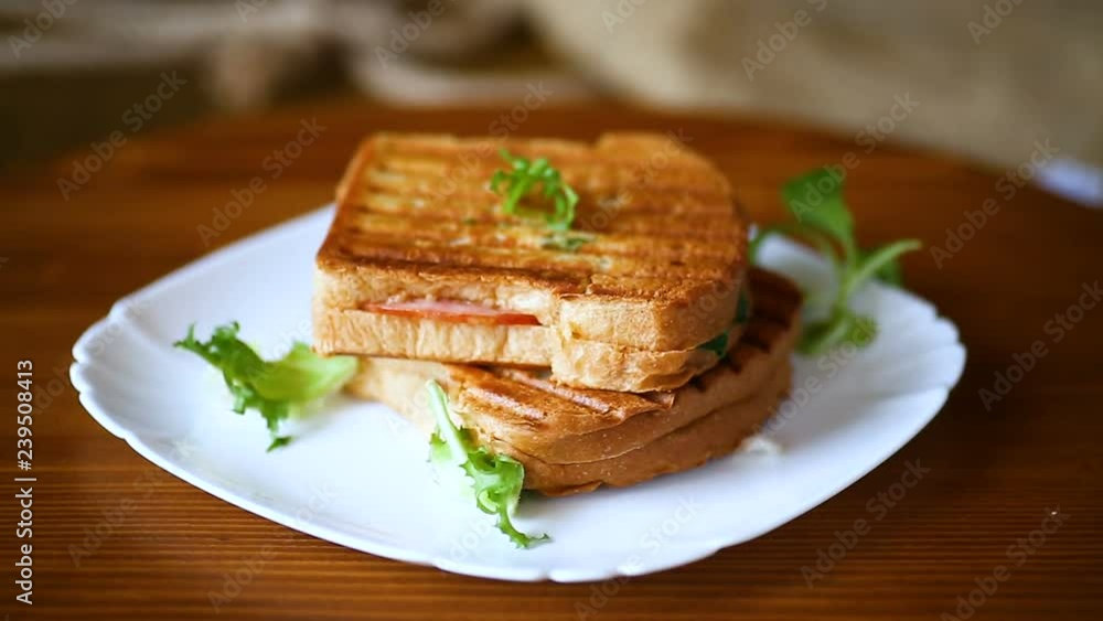 hot double sandwich with lettuce leaves and stuffed in a plate hot double sandwich with lettuce leaves and stuffed in a plate