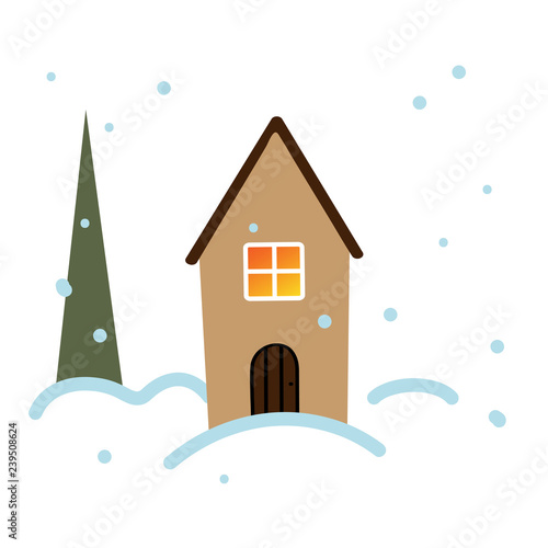 Winter house with trees and snow. Vector illustration