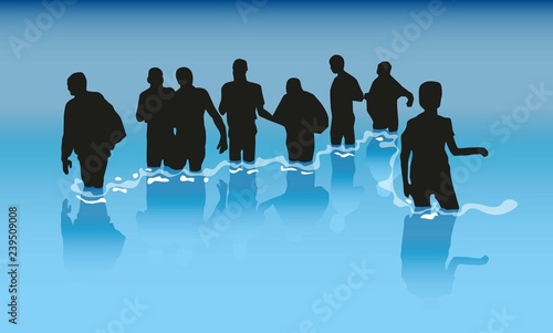  people walking in the flood