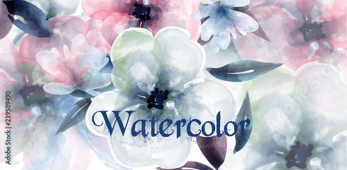 Spring flowers watercolor background Vector. Delicate blooming floral banner ...