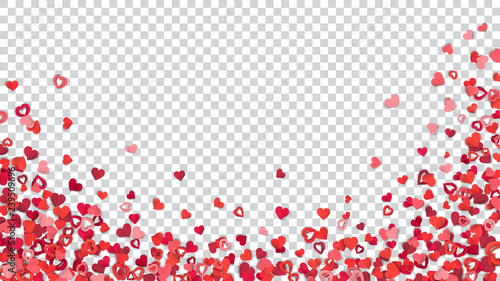Many small red and pink paper hearts on transparent background, located at the bottom.