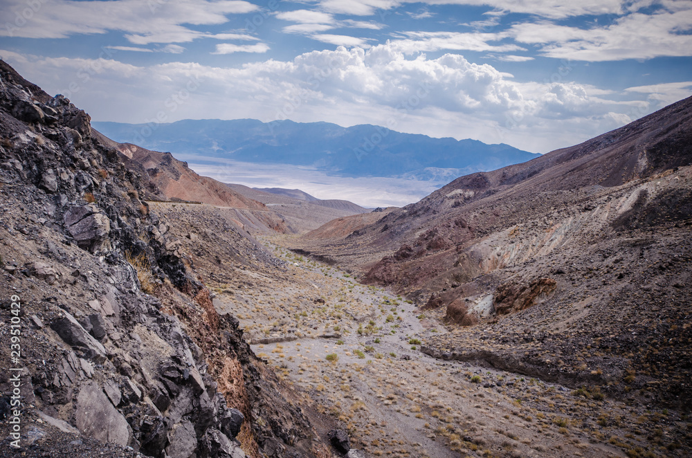 Fototapeta premium Valley and a desert wash filled with rocks, sand and sagebrush in Death Valley National Park in California