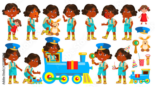 Indian Girl Kindergarten Kid Poses Set Vector. Hindu. Playing With Railway Train. Child Expression. Activity. For Banner, Flyer, Web Design. Isolated Cartoon Illustration