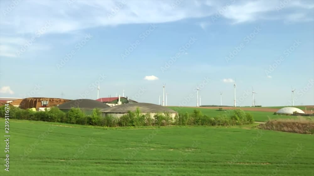 Aerial Panoramic View Of Windmills, Green Fields, Renewable Energy, Rotating Aerial Panoramic View Of Windmills, Green Fields, Renewable Energy, Rotating