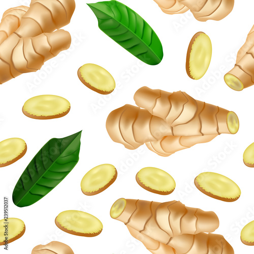 Realistic Detailed 3d Whole Ginger Root and Slices Seamless Pattern Background. Vector