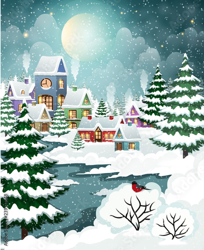 Winter landscape with forest and  houses
