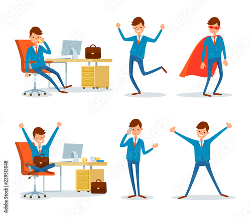 Man Hero with Cloak and Businessman Working Office