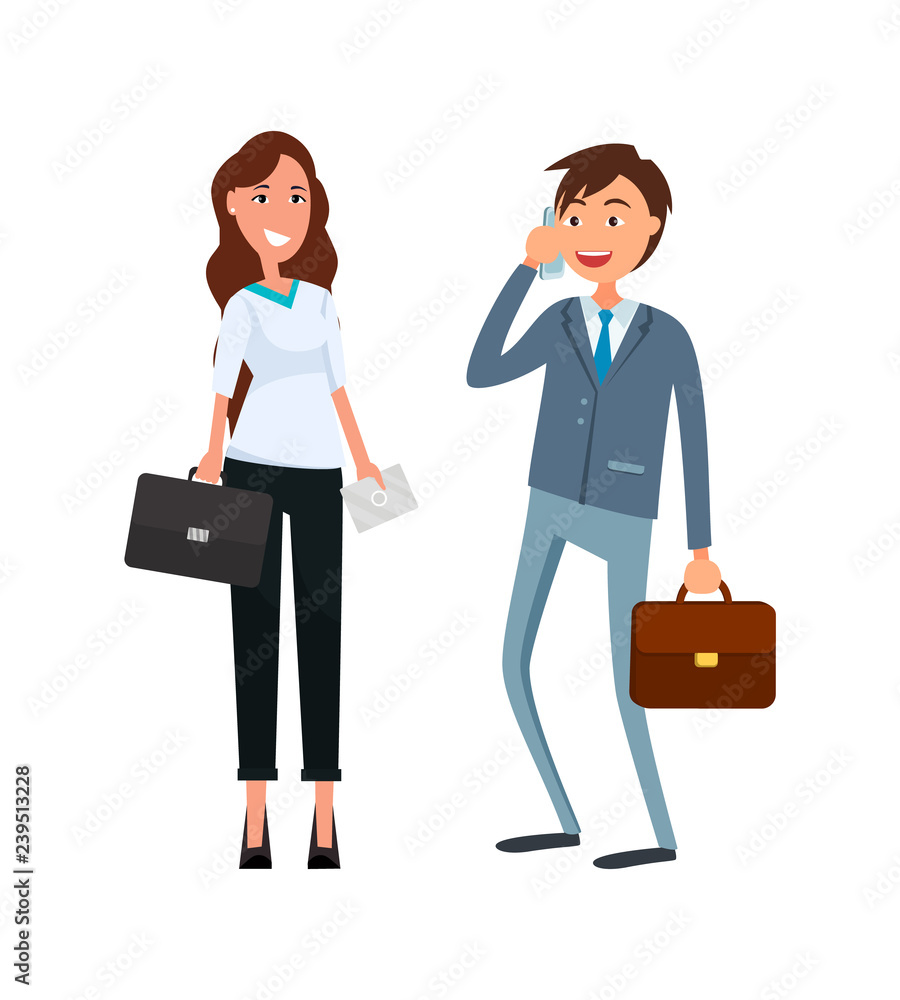 Coworkers, Male Speaking on Phone, Female Cartoon Coworkers, Male Speaking on Phone, Female Cartoon
