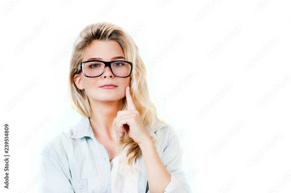 Young beautiful girl with broken glasses and lenses in the hands on isolated background. The concept of vision, health