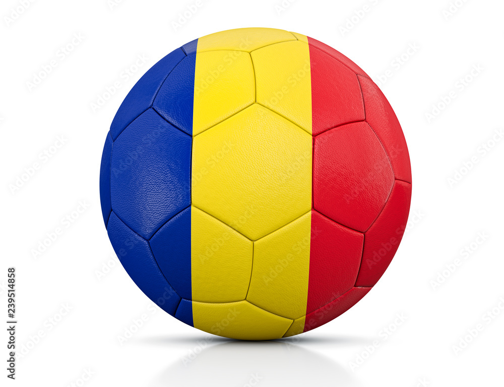Soccer Ball, Classic soccer ball painted with the colors of the flag of Romania and apparent leather texture in studio, 3D illustration