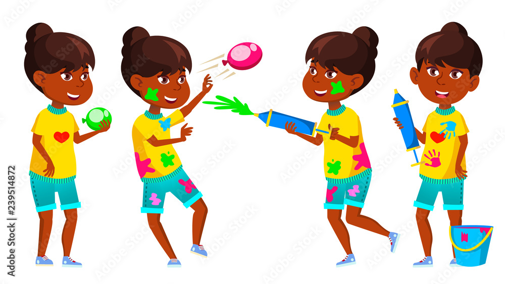 Indian Girl Kid Poses Set Vector. Primary School Child. Spring Holi Festival.  Teenager. Hindu. Asian. For Advertising, Booklet, Placard Design. Isolated  Cartoon Illustration Stock Vector | Adobe Stock
