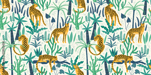 Vestor seamless pattern with leopards and tropical leaves.
