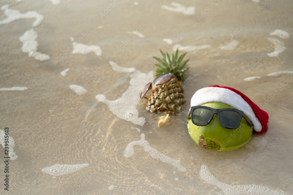 Obraz premium Coconut Holiday with glasses and Santa Claus hat and pineapple,Concept Christmas on the beach Tropical design made in Phuket, Thailand.