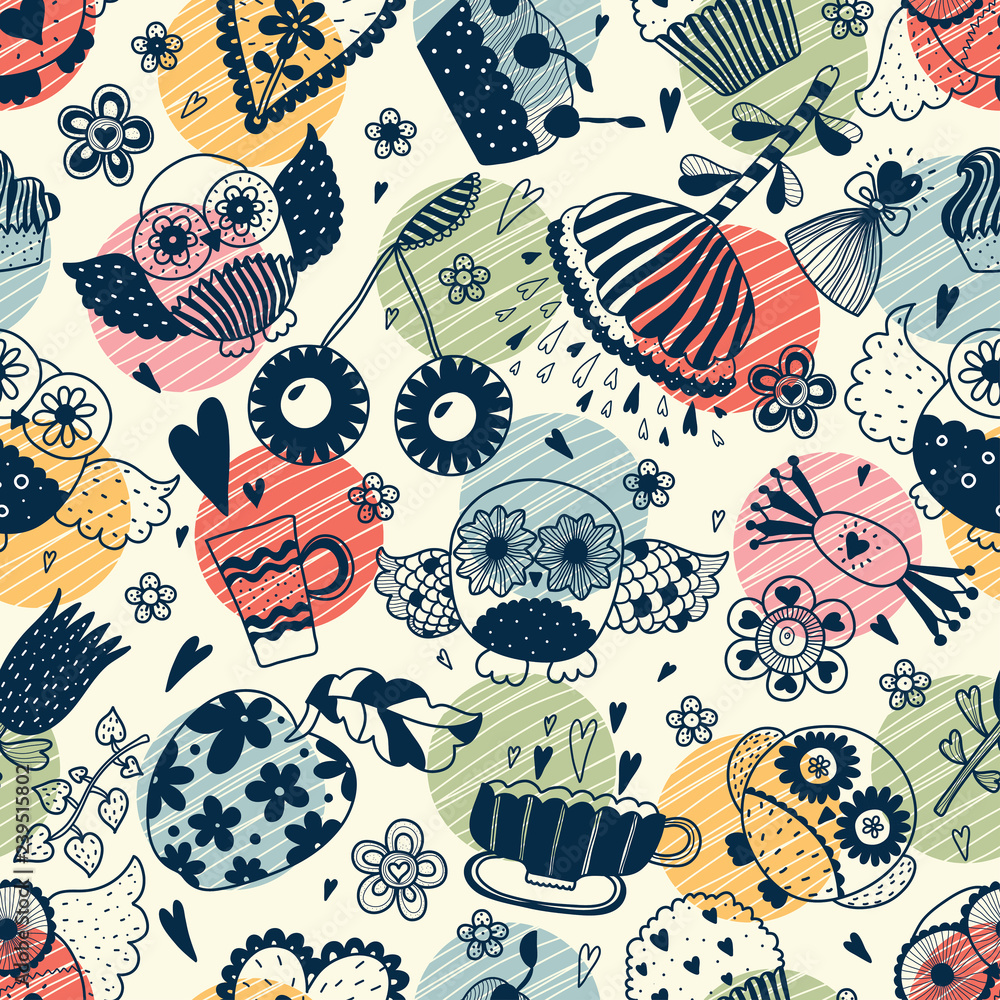 Cute vector seamless pattern with owls. Can be used in textile industry, paper, background, scrapbooking.