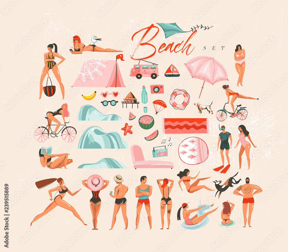 Hand drawn vector abstract cartoon summer time fun big fun decoration swimming people group collection illustrations set bundle scene creator isolated on white background