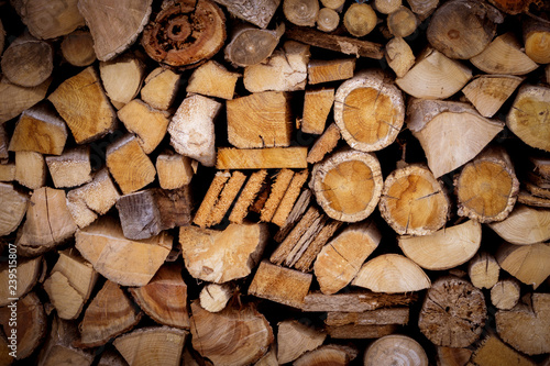 Stack of beech chopped firewoods prepared for winter. beautiful wood background, with space for text