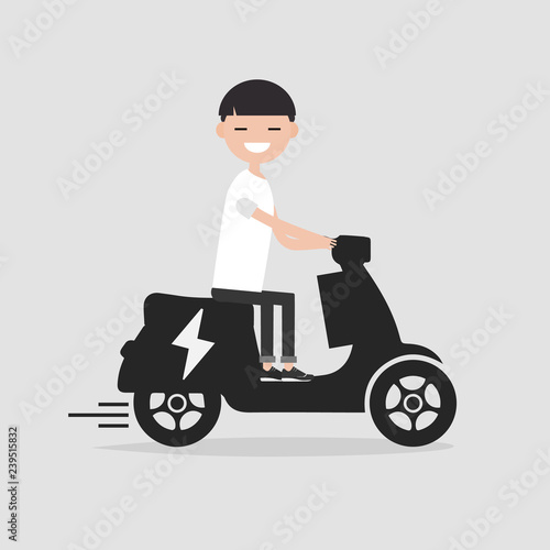 Young male Character rides on electric scooter.flat cartoon design.
