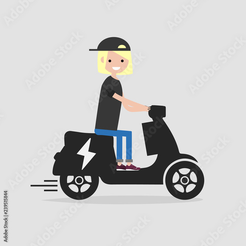 Young female Character rides on electric scooter.flat cartoon design.