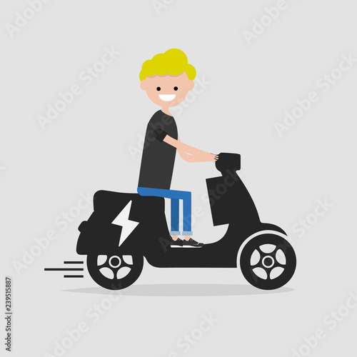 Young male Character rides on electric scooter.flat cartoon design.