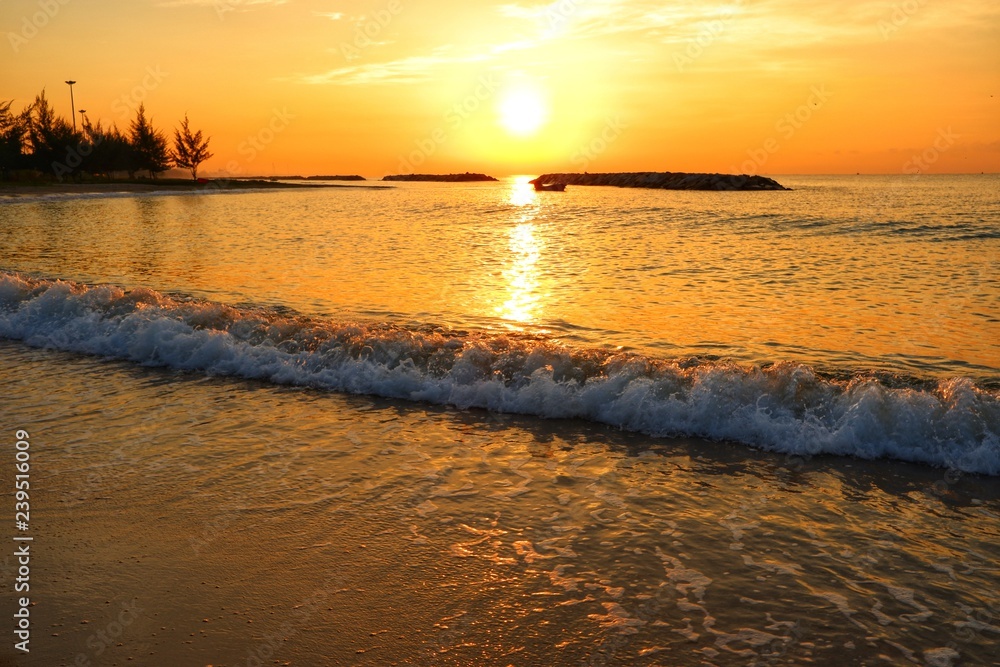 Obraz premium Sunset at the ocean makes the sea and the sky golden.