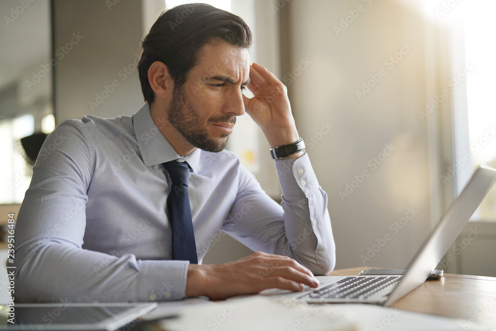 Handsome businessman concentrating on laptop in modern office - obrazy, fototapety, plakaty 
