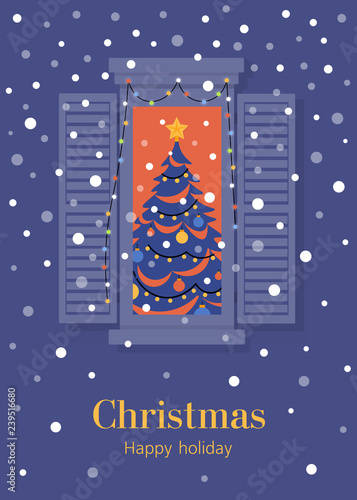 Christmas tree in the window. New year in a city apartment. Postcard. Vector flat illustration