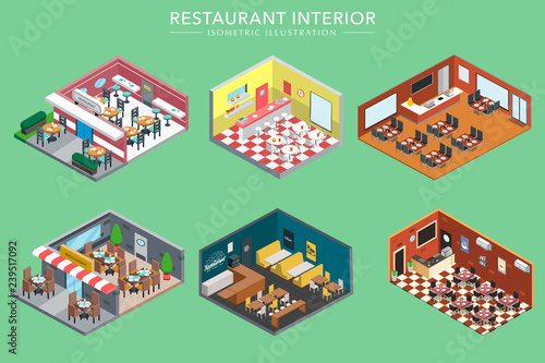 Isometric 3d Restaurant Interiors Vector Illustration