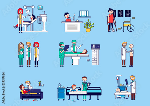 Horizontal set of medical services with doctors and patients. Vector illustration of a dentist reception, online consultation, traumatology, a set of doctors, operating. Vector illustration.