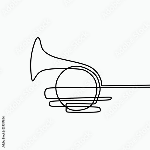 One line art of French horn. Minimalist drawing isolated on white background vector illustration.