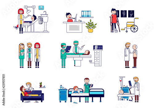 Horizontal set of medical services with doctors and patients. Vector illustration of a dentist reception, online consultation, traumatology, a set of doctors, operating. Vector illustration.