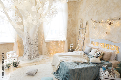 Our decorated bedroom with white and ivory tones waiting for Christmas and happy new year holiday