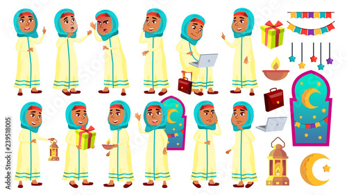 Arab, Muslim Girl Kid Poses Set Vector. Primary School Child. Celebrating Ramadan Kareem. Education. For Card, Advertisement, Greeting Design. Isolated Cartoon Illustration