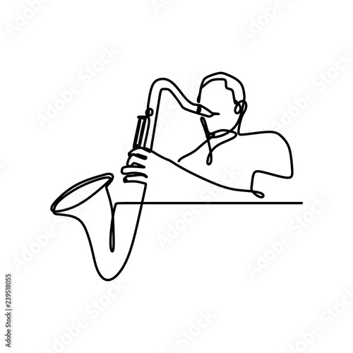 Single one line drawing of saxophonist playing saxophone player isolated on white background