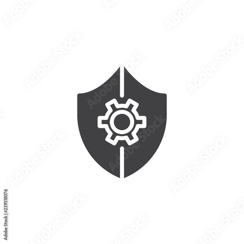 Risk management vector icon. filled flat sign for mobile concept and web design. Shield with gear simple solid icon. Symbol, logo illustration. Pixel perfect vector graphics