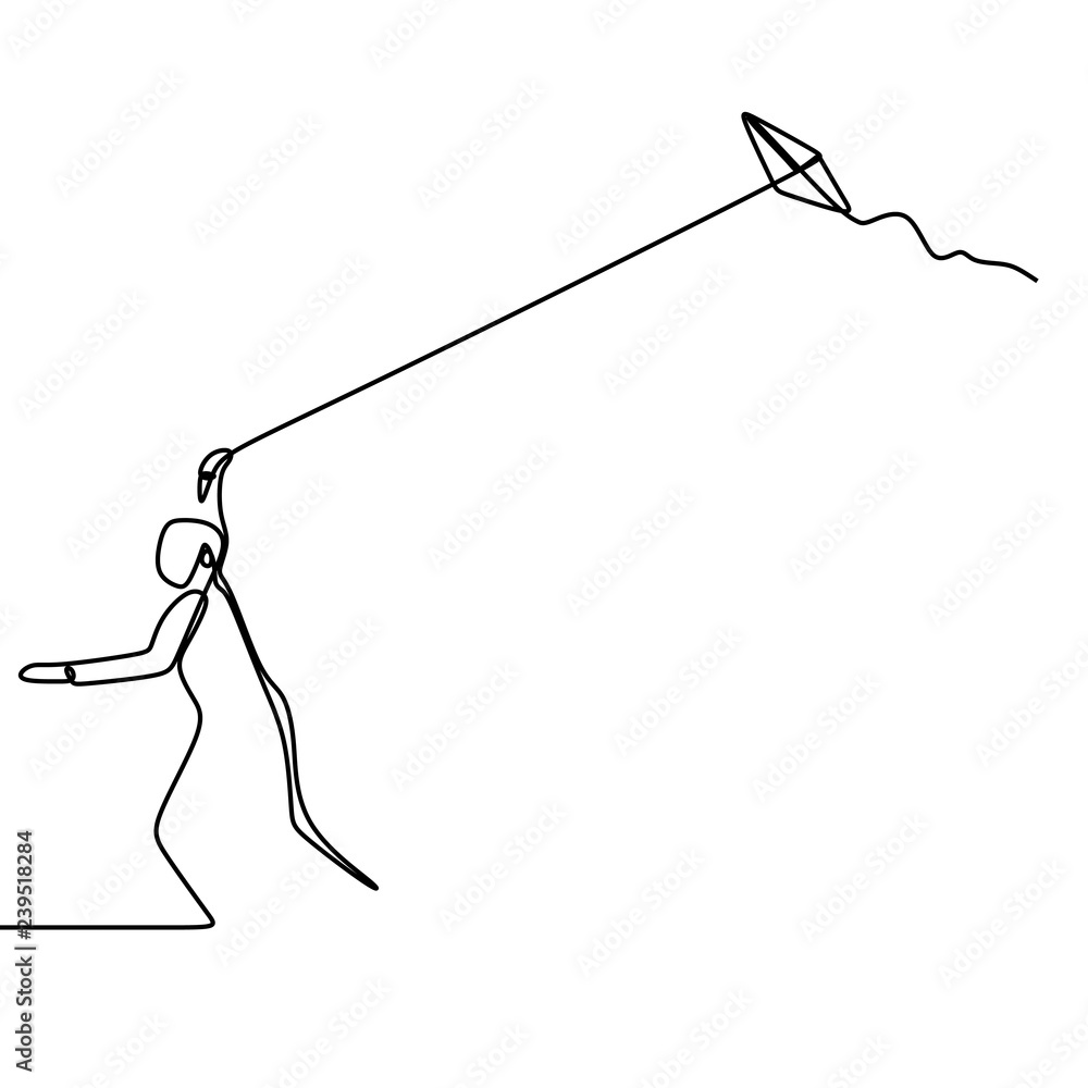One line art drawing of a person playing a kite vector illustration.  Freedom and passion creative theme hand drawn minimalist conceptual design.  Stock Vector
