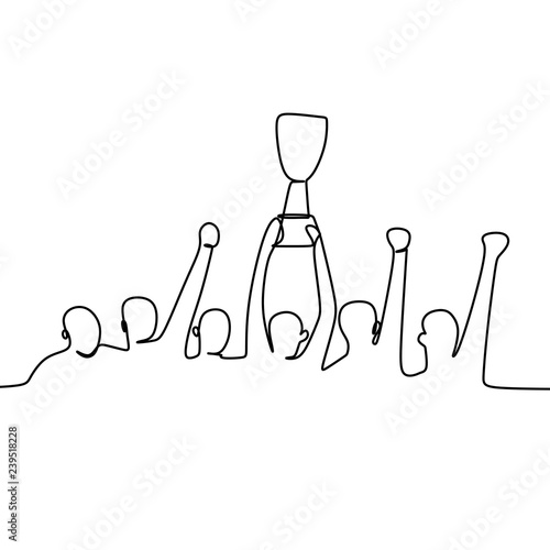 One line drawing of a team winner celebration. People feel happy raising a trophy from the championship.