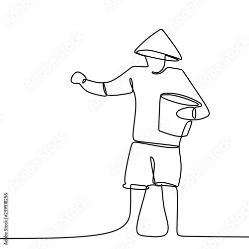 One line drawing of a farmer wearing hat and holding a bucket of fertilizer vector illustration