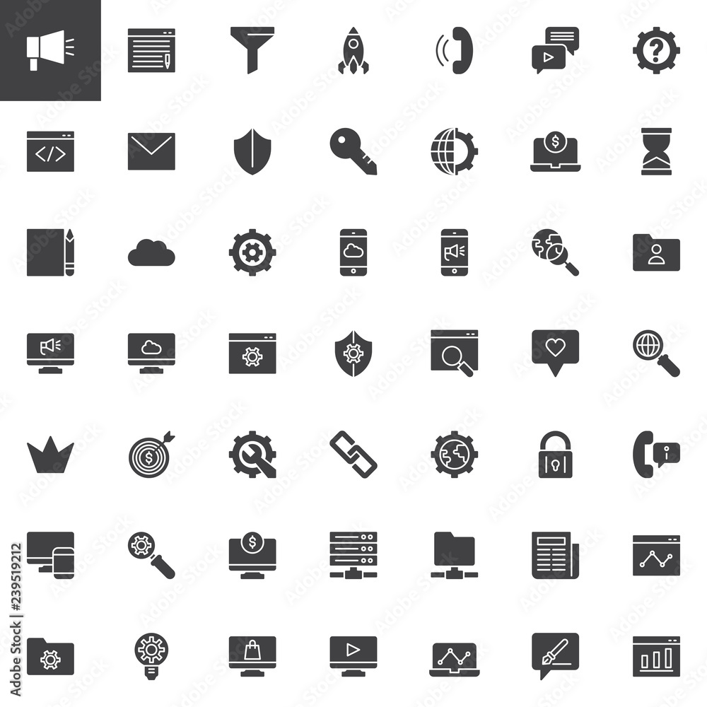 Marketing and SEO vector icons set, modern solid symbol collection, filled style pictogram pack. Signs, logo illustration. Set includes icons as Blogging, Funnel, Startup, Phone call, Coding, Mail