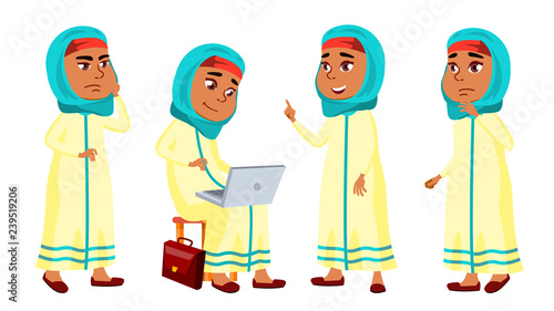 Arab, Muslim Girl Kid Poses Set Vector. Primary School Child. School Student. Graduation. For Banner, Flyer, Web Design. Isolated Cartoon Illustration