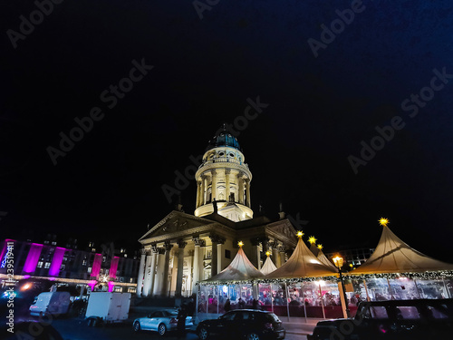 BERLIN, GERMANY-DECEMBER 16, 2018: Beautiful decorated booths and christmas lights at Gendarmenmarkt Christmas Market.