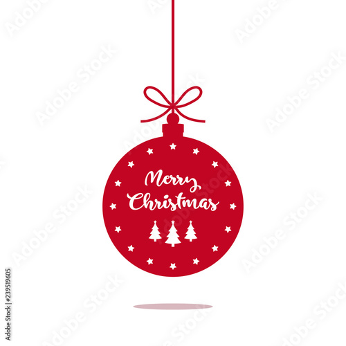 Red christmas hanging ball ornament with ribbon and merry christmas text on it isolated on white. Flat design style christmas ornament.