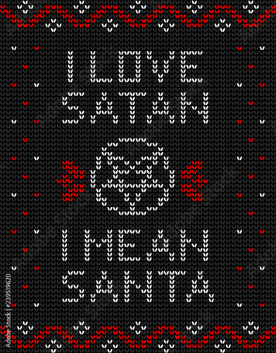 Ugly knitted design in black, red and white colors with a pentagram and inscription: I love Satan, I mean Santa.