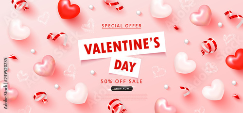 Valentine's Day sale background.Romantic composition with hearts and serpentine. Vector illustration for website , posters,ads, coupons, promotional material.
