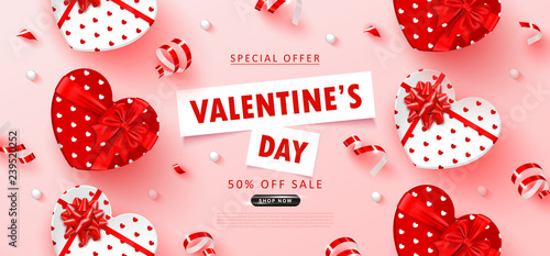 Valentine's Day sale background.Romantic composition with gift boxes, beads and serpentine. Vector illustration for website , posters,ads, coupons, promotional material.