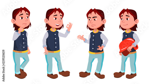 Boy Schoolboy Kid Poses Set Vector. Primary School Child. Education. Subject. Schoolchildren, Teen. For Presentation, Print, Invitation Design. Isolated Cartoon Illustration
